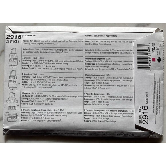 Simplicity Sewing Pattern #2916 Car Organizers One Size by Robin Greenwood Uncut - Picture 4 of 6